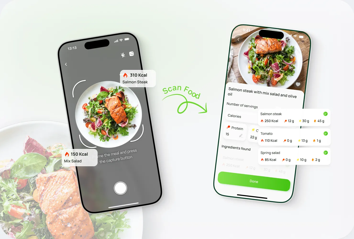 Scanning a salmon dish and reviewing the detected ingredients