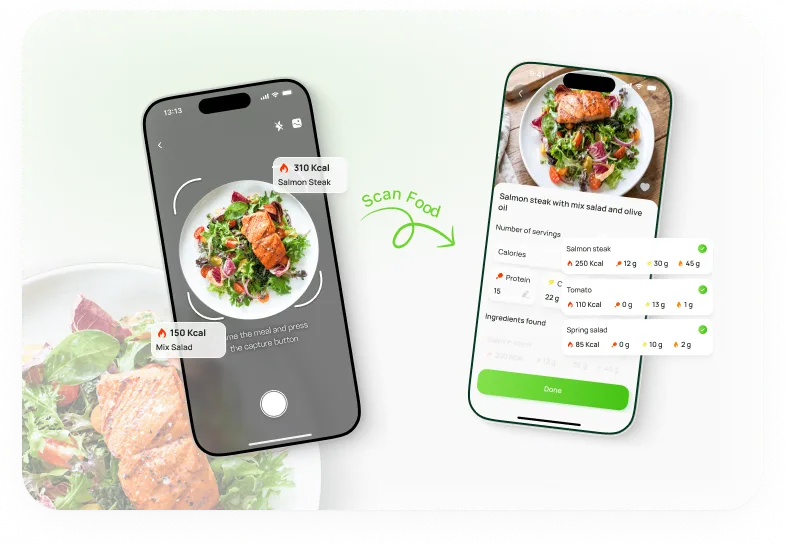 Scanning a salmon dish and reviewing the detected ingredients