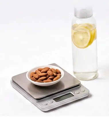 Kitchen scale with a bowl of almonds and a bottle of lemon water