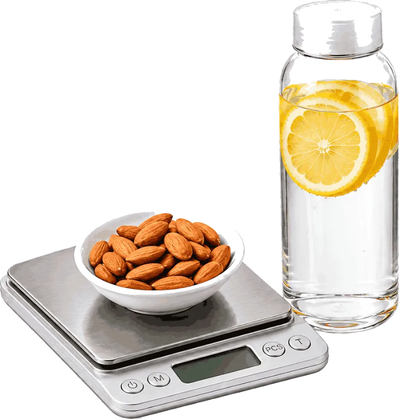 Kitchen scale with a bowl of almonds and a bottle of lemon water
